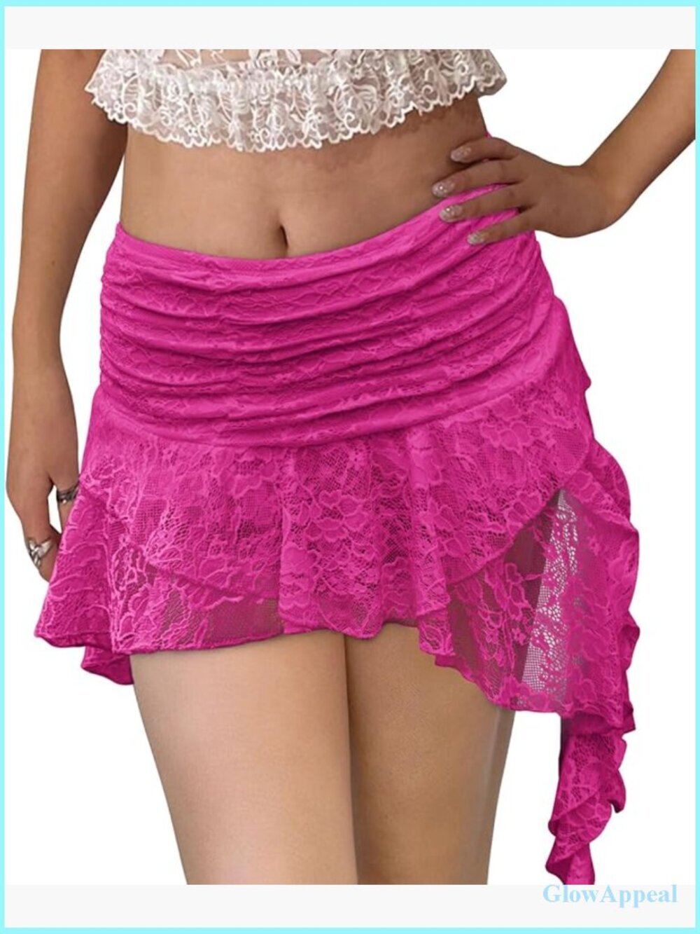 Y2K Lace Mini Skirt Low Rise Pleated Ruffle Layered Flowy Asymmetrical Half